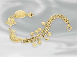 Armband: schönes vintage Armband mit Herz-, Stern- und Halbmond-Motiven, ca. 0,31ct Brillantbesatz, 18K Gelbgold