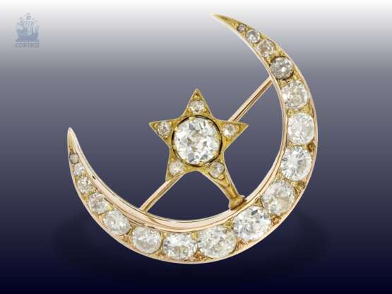 Brosche: ausgesprochen schöne und außergewöhnliche antike russische Diamantbrosche, Motiv "Mondsichel", große Diamanten, ca.2,5ct - фото 1