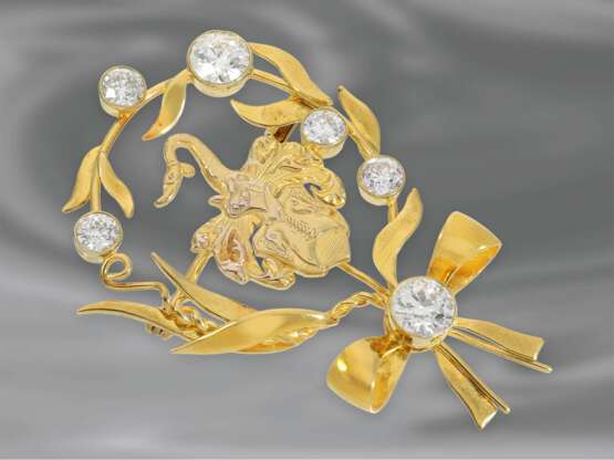 Brosche/Nadel: hochwertige Goldschmiedearbeit, Jugendstilbrosche mit Adelswappen, Altschliff-Diamanten von ca. 2,6ct - Foto 1