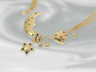 Kette/Collier: ungewöhnliches Collier mit Halbmond-, Herz- und Sternen-Motiven, besetzt mit Rubinen, Smaragden und Brillanten, 18K Gold
