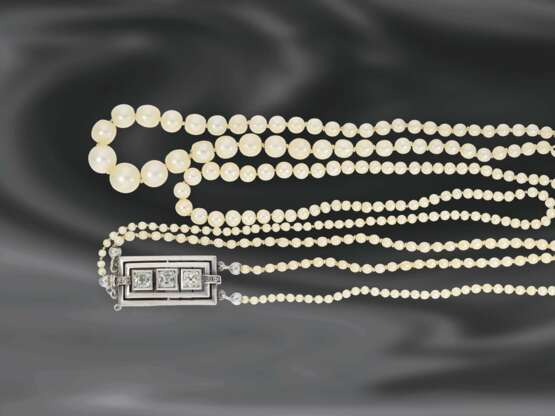 Kette/Collier: 2-reihige, sehr seltene und wertvolle antike Collierkette mit Naturperlen, 14K Weißgoldschließe mit Diamanten, ca. 1ct - Foto 2