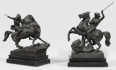 Paar Skulpturen "Kämpfende Amazone" und "Löwenkämpfer"