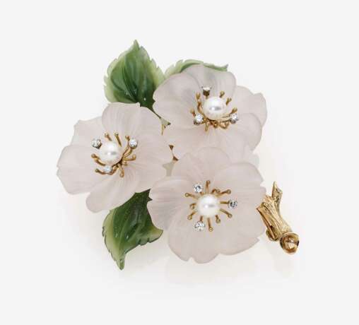 Brosche "Kirschblüte" mit Rosenquarz, Jade, Perlen und Diamanten - photo 1