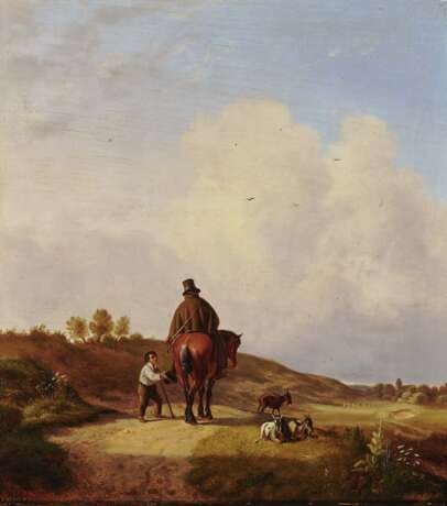 Deutsch. Deutsch, um 1837 . Reiter in hügeliger Landschaft Begegnung mit einem um Almosen bittenden Hirten - Foto 1