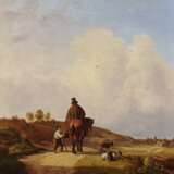 Français. L'allemand, afin de 1837 . Reiter in hügeliger Landschaft Begegnung mit einem um Almosen bittenden Hirten - photo 1