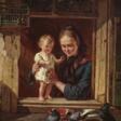 Kindliche Freude Mutter mit Kind am Fenster beim Füttern der Tauben - Архив аукционов
