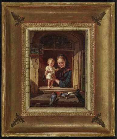 Rentzell, August von 1810 Marienwerder - 1891 Berlin. Rentzell, August von. Kindliche Freude Mutter mit Kind am Fenster beim Füttern der Tauben - Foto 2