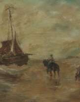 Strandszene mit Segelboot und Figurenstaffage