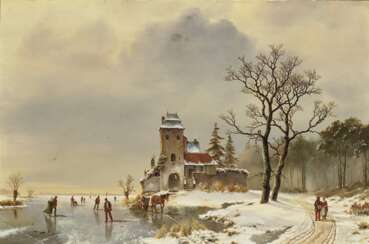 Winterlandschaft mit Architektur und Figurenstaffage 