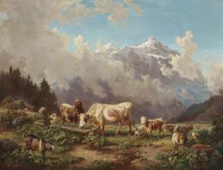 Ziegen und Rinder in Gebirgslandschaft 