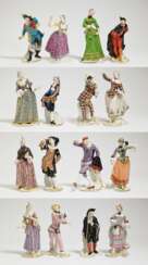 Komplette Serie von 16 Figuren der Commedia dell' Arte