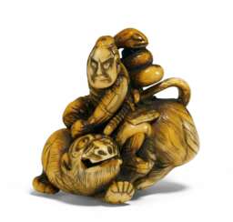 Netsuke: Gyôja Bushô mit Schlange einen Tiger bezwingend