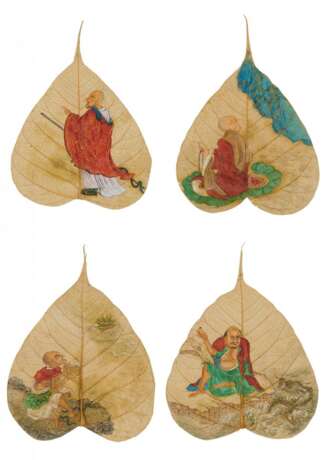 Vier außergewöhnliche, mit Luohan bemalte Bodhibaumblätter - Foto 1