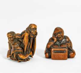 Zwei Netsuke: Ashinaga und Tenaga und Rakugo-Rezitator