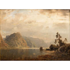 RASMUSSEN, GEORG ANTON (1842-1914), "Fjordlandschaft mit Fischerhütte in Gewitterstimmung",