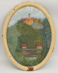 UNBEKANNTER KÜNSTLER,"Burg überm Stausee",Aquarell auf Papier, oval hinter Glas gerahmt, signiert und datiert
