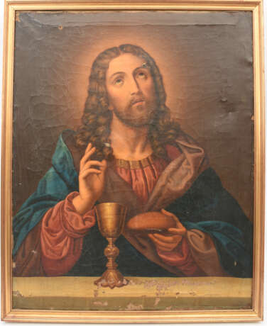 ALTARBILD "Christus, Brot und Wein segnend", Öl(druck) auf Leinwand, gerahmt, Italien um 1920 - photo 1