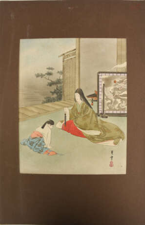 FARBHOLZSCHNITT"GESCHICHTE DES PRINZEN GENJI", auf Papier hinter Passepartout, Japan 19. Jahrhundert - Foto 1