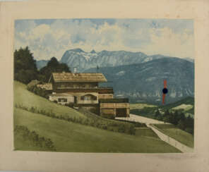 UNBEKANNTER KÜNSTLER, "Der Berghof", kolorierte Radierung auf Papier, Drittes Reich um 1940