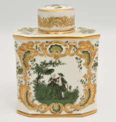 PORZELLAN TEEDOSE, handbemaltes und goldstaffiertes Porzellan, gemarkt, frühes 20. Jahrhundert