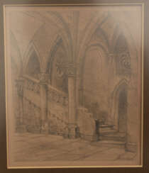 UNBEKANNTER KÜNSTLER, "Kirchen-Interieur", Zeichnung auf Papier, hinter Glas gerahmt und signiert, 20. Jahrhundert