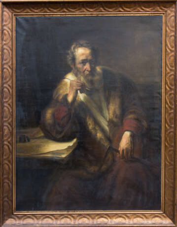 REMBRANDT VAN RIJN. Replik. "Thomas der Apostel (Der Architekt)", Kopie von 1917, Öl auf Leinwand, gerahmt und datiert - photo 1