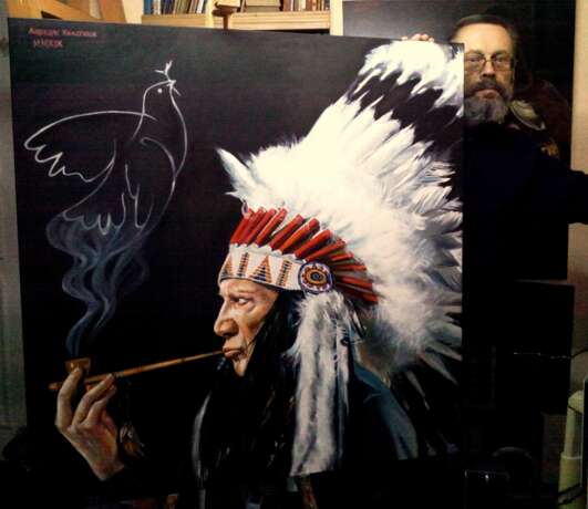 “Picasso in the image of the Indian chief comes up with your main symbol-dove of Peace” Canvas Oil paint Realist 2019 - photo 2