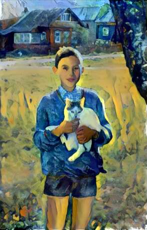 Boy with cat Натуральное дерево Масляные краски 2019 г. - фото 1