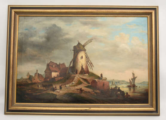 UNBEKANNTER MALER,"Leben an der alten Mühle" Öl auf Leinwand, gerahmt , monogrammiert und datiert - photo 1