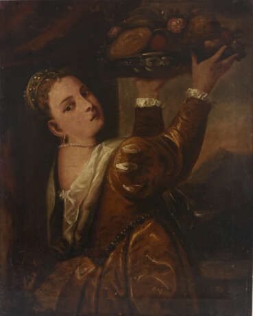 TIZIAN(O VECELLIO). Nach. "Mädchen mit Fruchtschale",Öl auf Leinwand nach Tizians Originalgemälde um 1555 - Foto 1