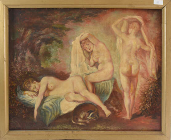 UNBEKANNTER KÜNSTLER. "Drei Jungfrauen", Öl auf Pressspanplatte, gerahmt und signiert, 2. Hälfte 20. Jahrhundert - Foto 1