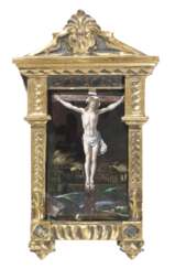 Ausdrucksstarkes Emailbild der Kreuzigung Jesu im Neo-Renaissance-Rahmen