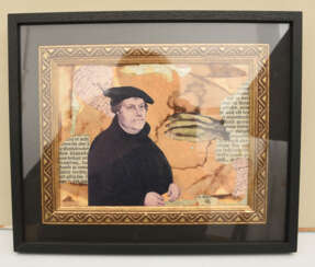 OLGA SOKOLOFF," Hommage Martin Luther", polychrome Collage hinter Glas gerahmt, 2013