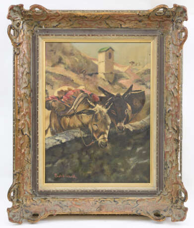 RUDOLF WARTH. "Zwei Esel an der Tränke", Öl auf Maltuch, gerahmt und signiert, Mitte 20. Jahrhundert - photo 1