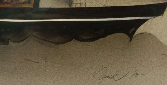 ALOIS JANAK, "Dreimaster mit Löwe", Mischtechnik auf Papier, hinter Glas gerahmt, signiert und datiert - Foto 2