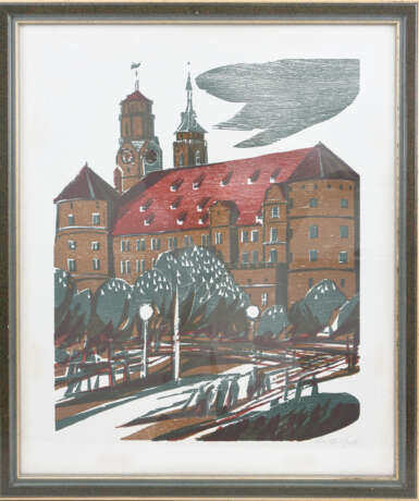 UNBEKANNTER KÜNSTLER. "Altes Schloss und Stiftskirche Stuttgart", polychromer Holzschnitt, hinter Glas gerahmt, signiert - photo 1
