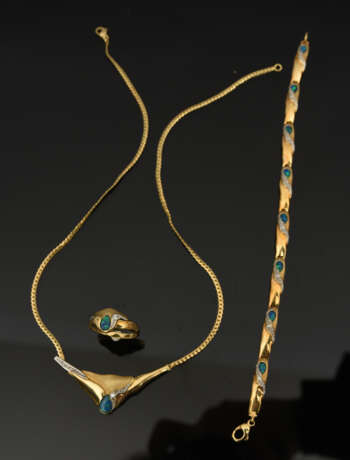 SCHMUCK- KONVOLUTiefe: Halskette, Ring und Armreif, 585 Gelbgold, 20. Jahrhundert - Foto 1