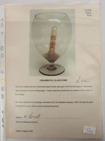 THE BEATLES- JOHN LENNON: KENWOOD FURNISHINGS 3: ORNAMENTAL GLASS DOME, England 1960er-Jahre - Foto 2