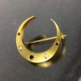 Brosche: Halbmond, Gelbgold 585 / 14 K, Orientperlen, Saphir, Rubine, sehr gut. - photo 3