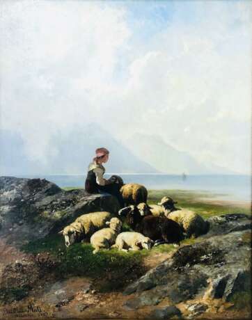 Christian Mali (1832-1906): Junge Bäuerin mit Schafen am Achensee. Öl / LW. 1891. - Foto 1