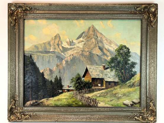R. Queißer: Bauernhaus vor Alpen Panorama. Öl auf Leinwand. Frühes 20. Jahrhundert - фото 1