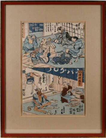 ASIATIKA KONVOLUT ZWEIER OBAN-FARBHOLZSCHNITTE AUS SERIE 'DOKE JORURI DZU KUSHI' (KARIKATUREN VON BELIEBTEN MUSIKALISCHEN KABUKISTÜCKEN) Japan, wohl 2. Hälfte 19. Jahrhundert - photo 2