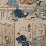 ASIATIKA KONVOLUT ZWEIER OBAN-FARBHOLZSCHNITTE AUS SERIE 'DOKE JORURI DZU KUSHI' (KARIKATUREN VON BELIEBTEN MUSIKALISCHEN KABUKISTÜCKEN) Japan, wohl 2. Hälfte 19. Jahrhundert - Foto 3