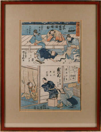 ASIATIKA KONVOLUT ZWEIER OBAN-FARBHOLZSCHNITTE AUS SERIE 'DOKE JORURI DZU KUSHI' (KARIKATUREN VON BELIEBTEN MUSIKALISCHEN KABUKISTÜCKEN) Japan, wohl 2. Hälfte 19. Jahrhundert - photo 4