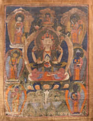 ASIATIKA THANKA MIT DARSTELLUNG DES SCHUTZPATRONES TIBETS (TSCHENRESI-AVALOKITESCHVARA) Tibet, 19. Jahrhundert