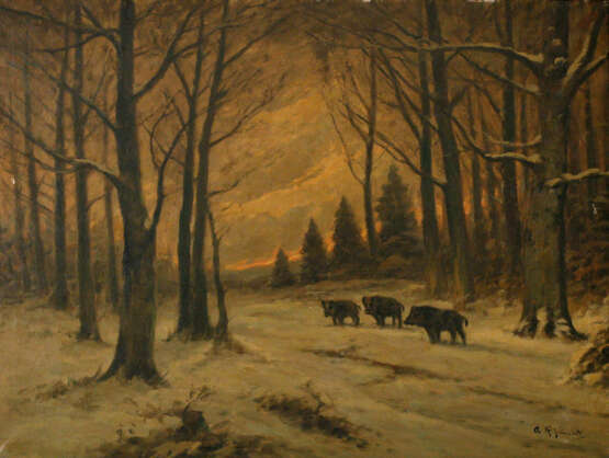 GEMÄLDE Wildschweinrotte in winterlicher Waldlandschaft - photo 1