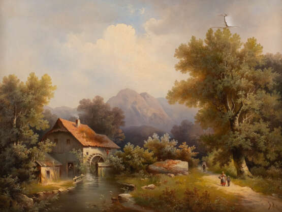 GEMÄLDE Landschaft mit Mühle und Wanderern - photo 1