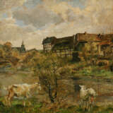 GEMÄLDE Flussszene mit Ziege vor Dorf - Foto 1