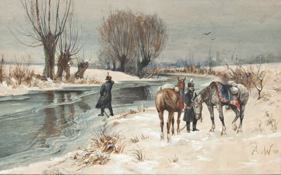 AQUARELL Berittene Soldaten am gefrorenen Fluss - photo 1