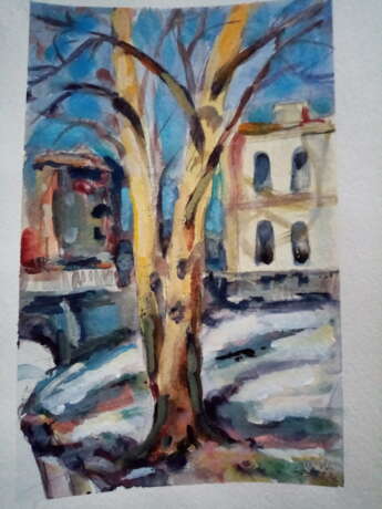 “The first snow” Paper Acrylic paint Realist Landscape painting 2020 - photo 1